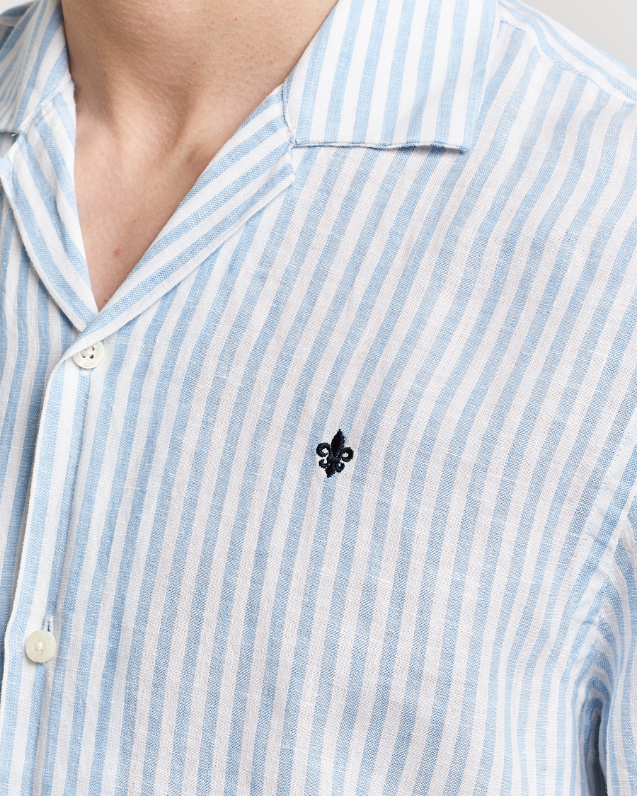 Homme | Chemises | Morris | Striped Resort Linen Short Sleeve Shirt Light Blue