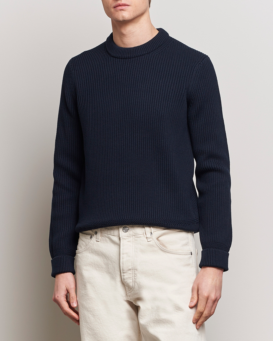 Homme | Pulls À Col Rond | Morris | Arthur Navy Cotton/Merino Knitted Sweater Navy