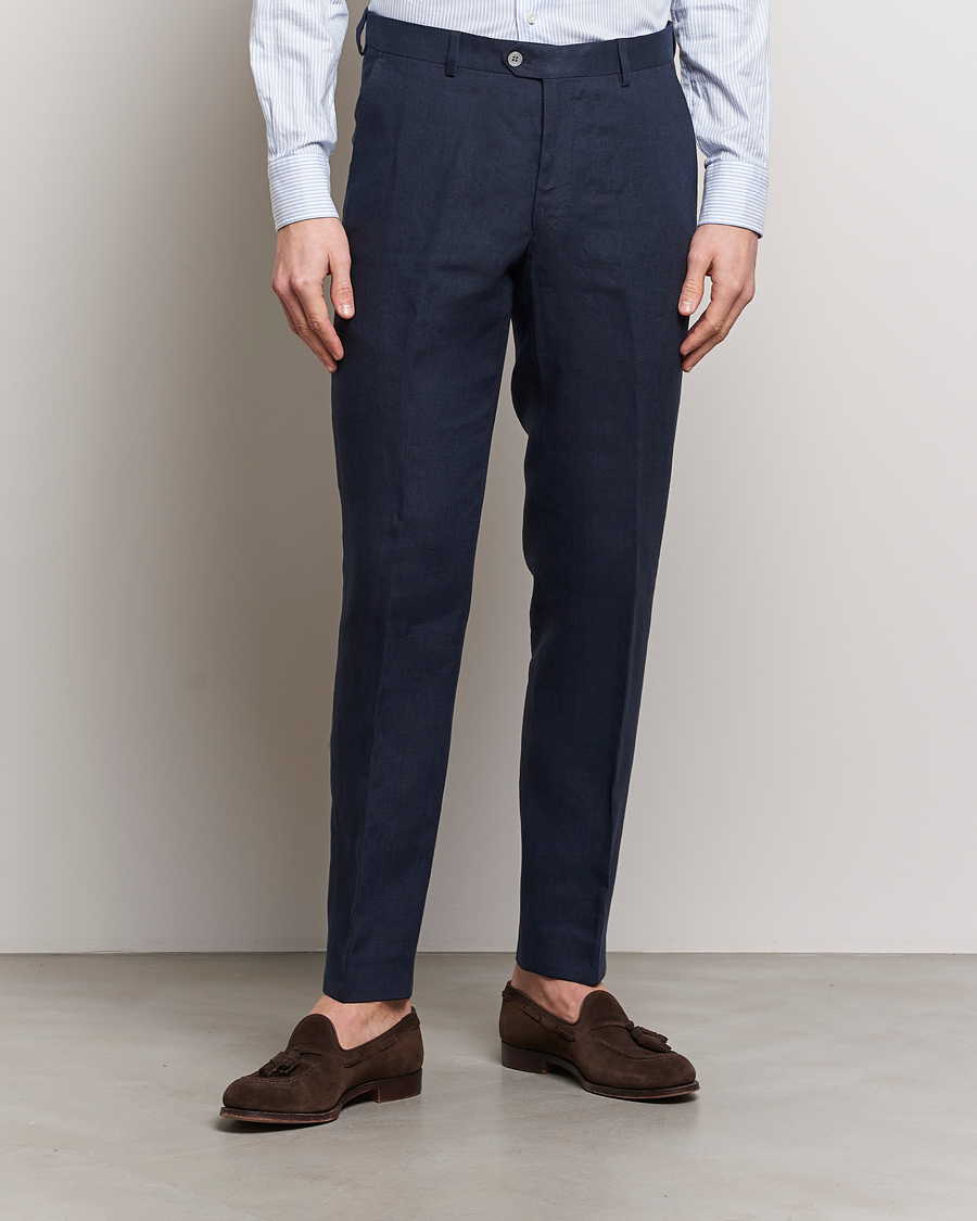 Homme | Pantalons De Costume | Oscar Jacobson | Denz Linen Trousers Navy