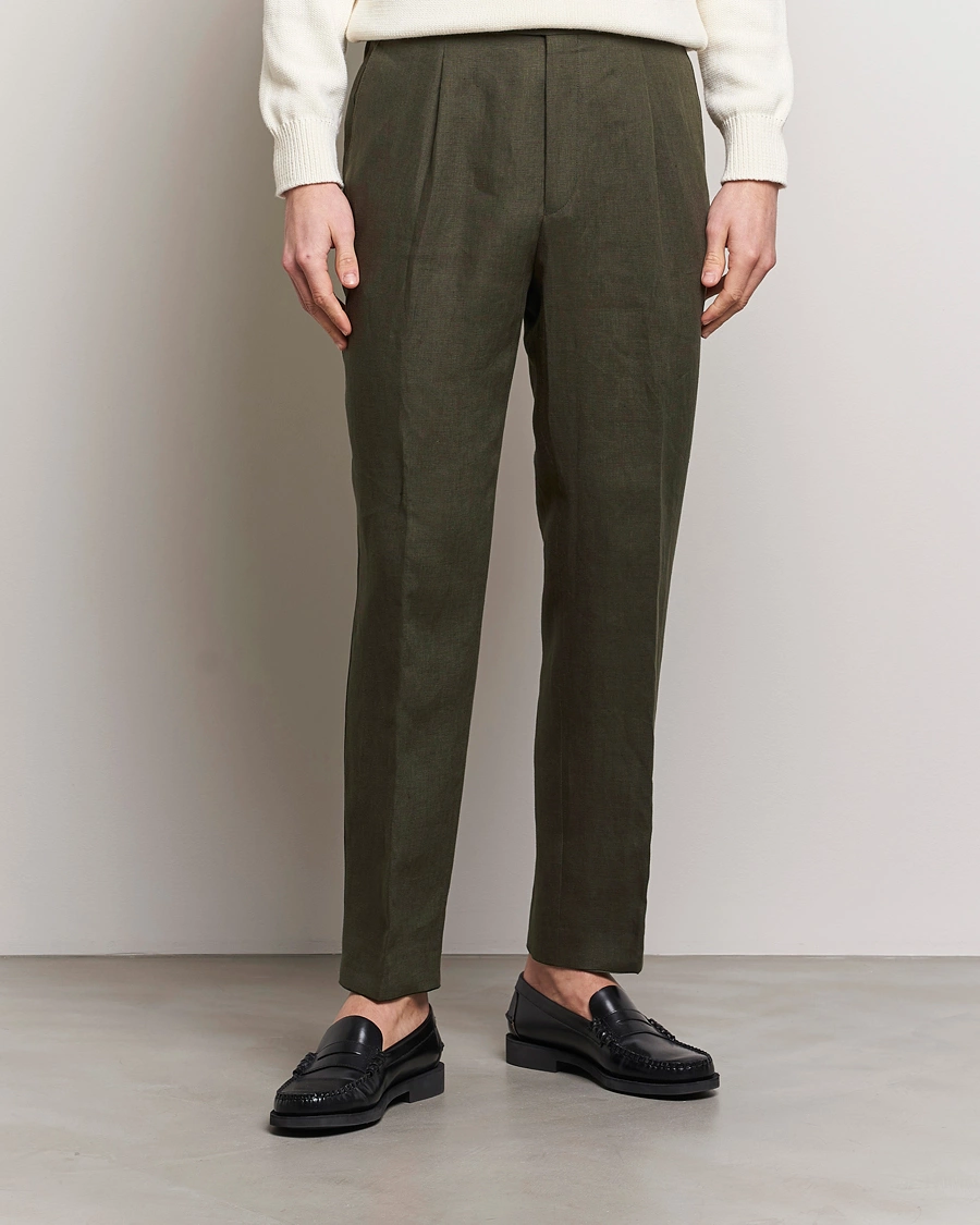 Homme | Pantalons | Oscar Jacobson | Delon Linen Trousers Olive