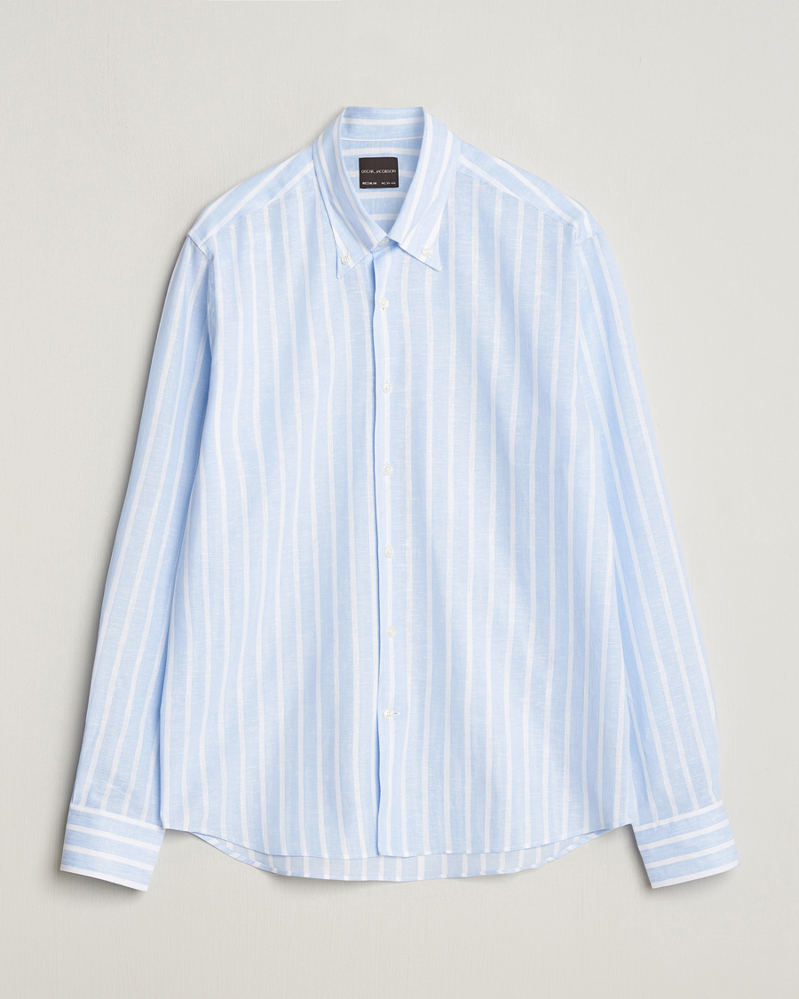 Homme | Chemises | Oscar Jacobson | Regular Fit Striped Linen Shirt Light Blue