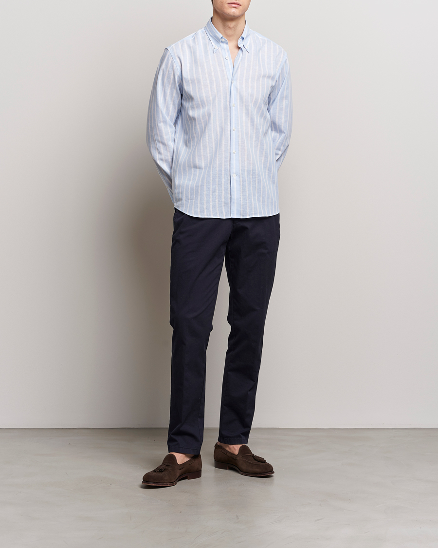 Homme | Chemises | Oscar Jacobson | Regular Fit Striped Linen Shirt Light Blue