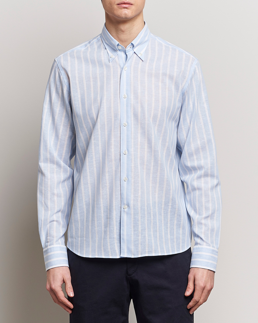 Homme | Chemises En Lin | Oscar Jacobson | Regular Fit Striped Linen Shirt Light Blue