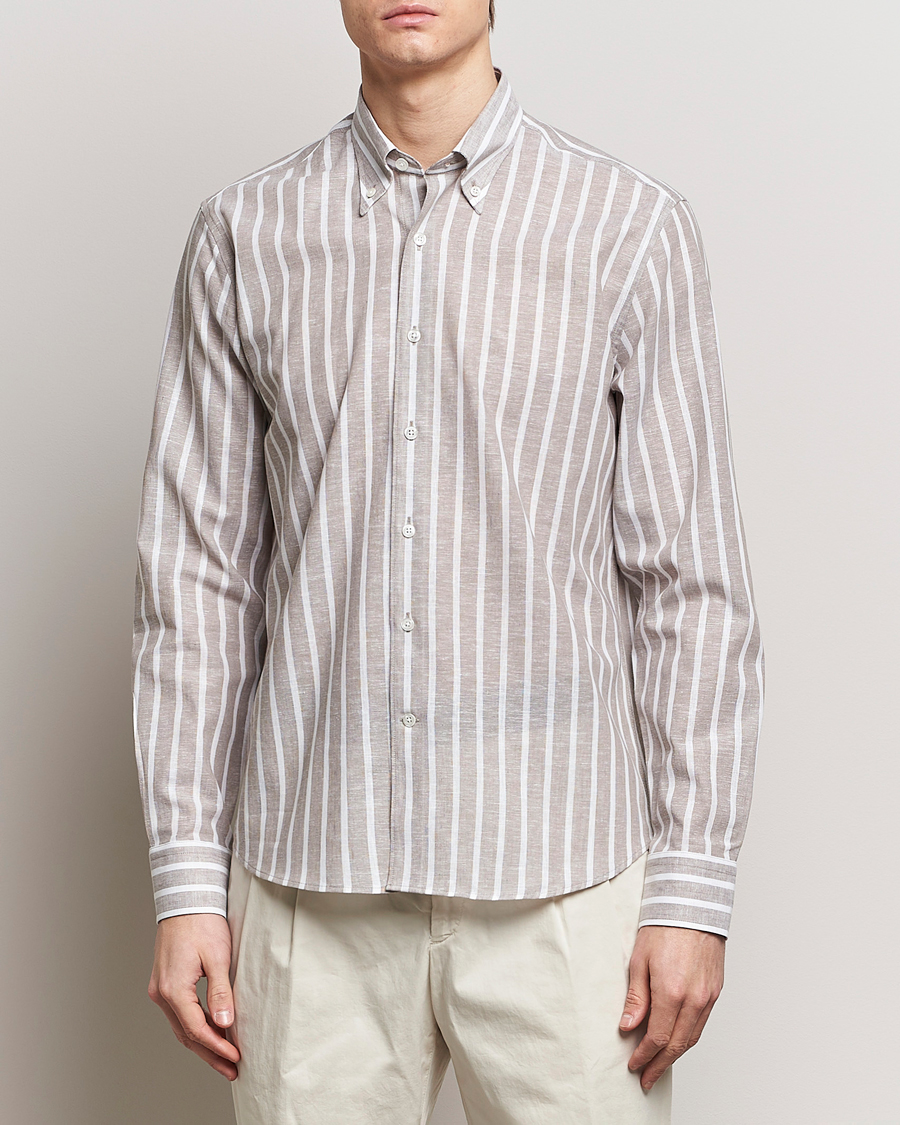 Homme |  | Oscar Jacobson | Regular Fit Striped Linen Shirt Brown