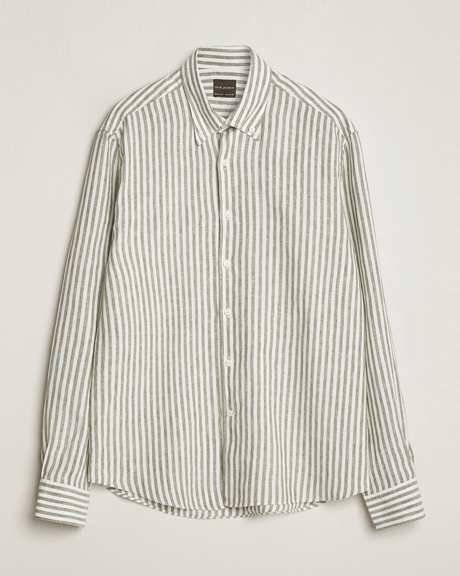 Homme | Chemises | Oscar Jacobson | Regular Fit Dress Stripe Linen Shirt Green