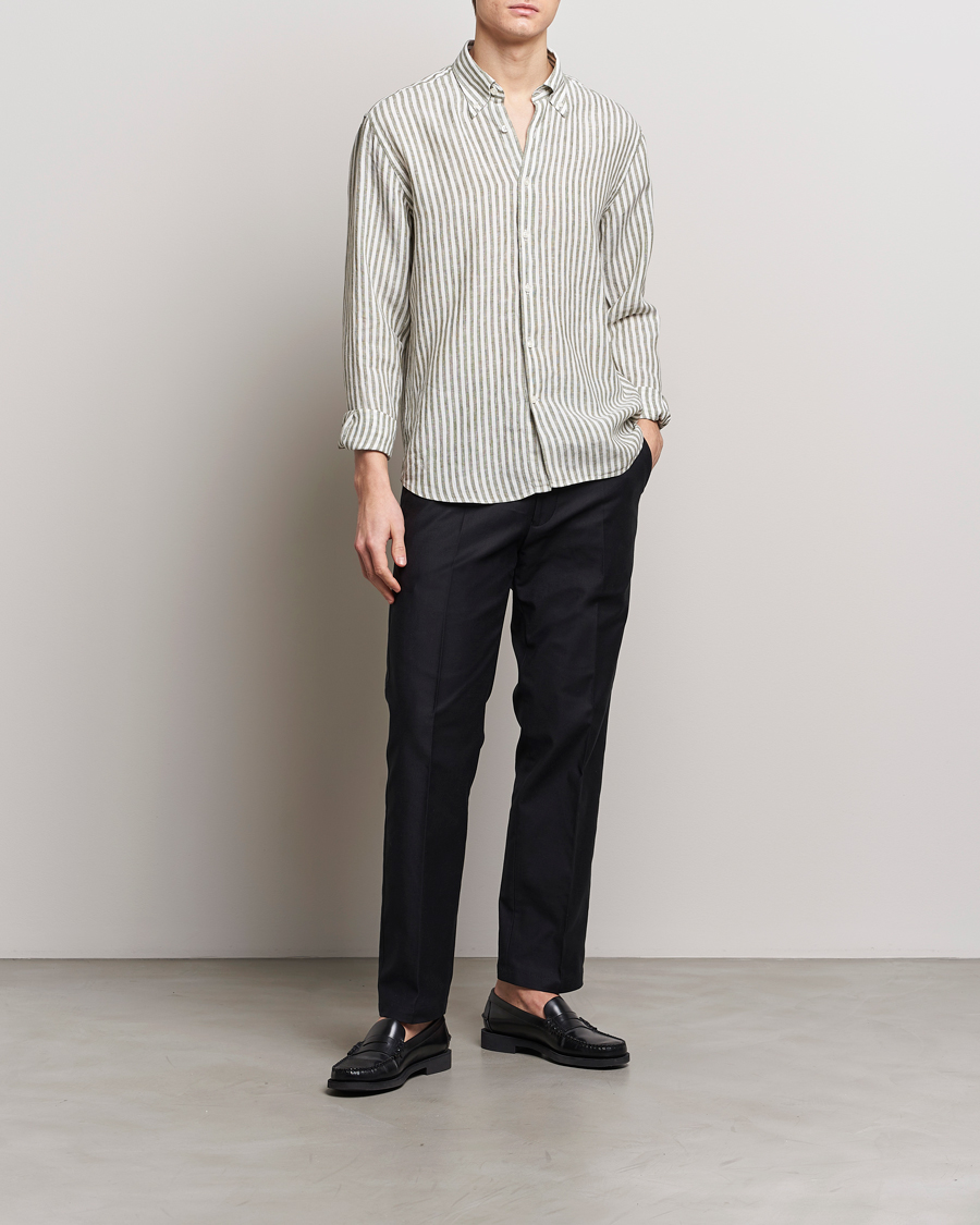 Homme | Chemises | Oscar Jacobson | Regular Fit Dress Stripe Linen Shirt Green