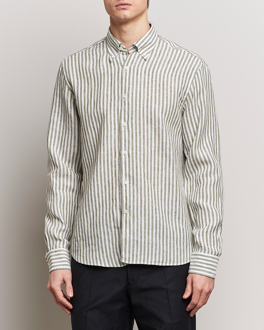 Homme | Chemises En Lin | Oscar Jacobson | Regular Fit Dress Stripe Linen Shirt Green