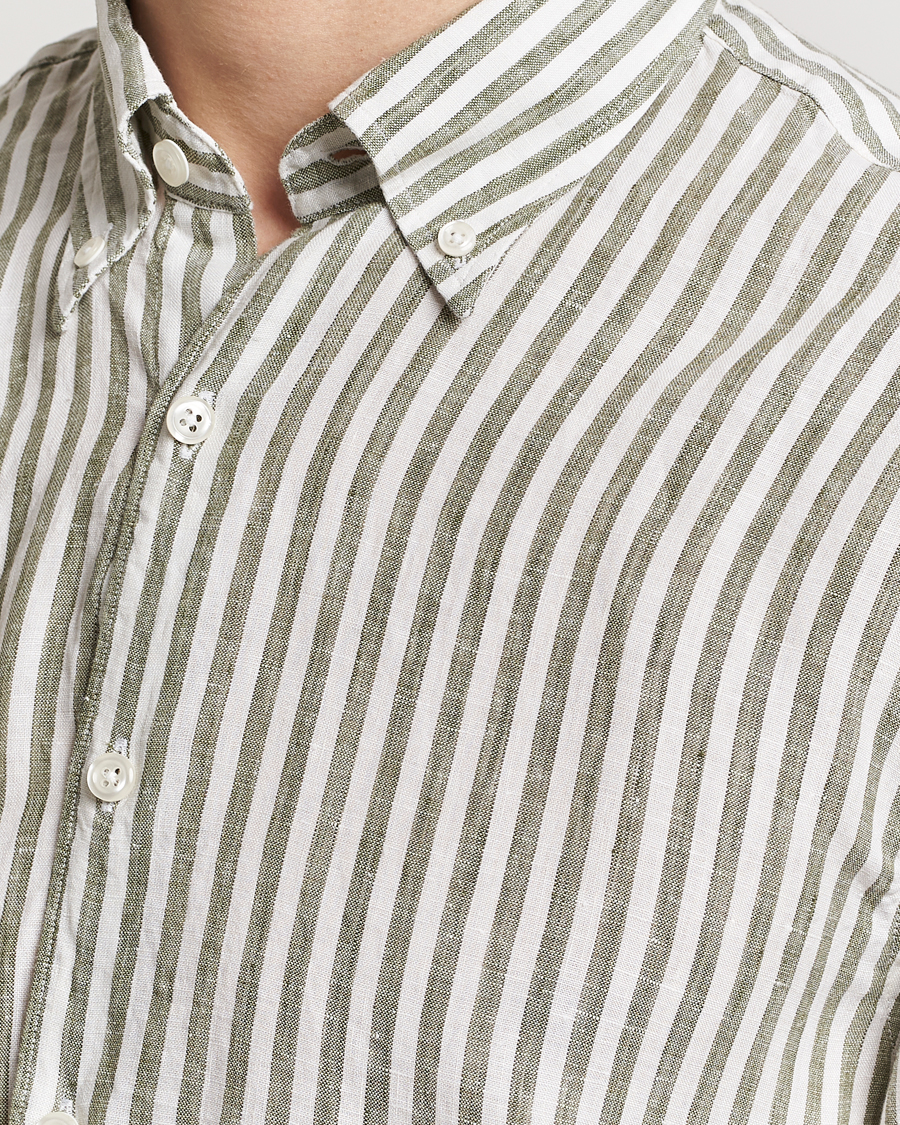 Homme | Chemises | Oscar Jacobson | Regular Fit Dress Stripe Linen Shirt Green