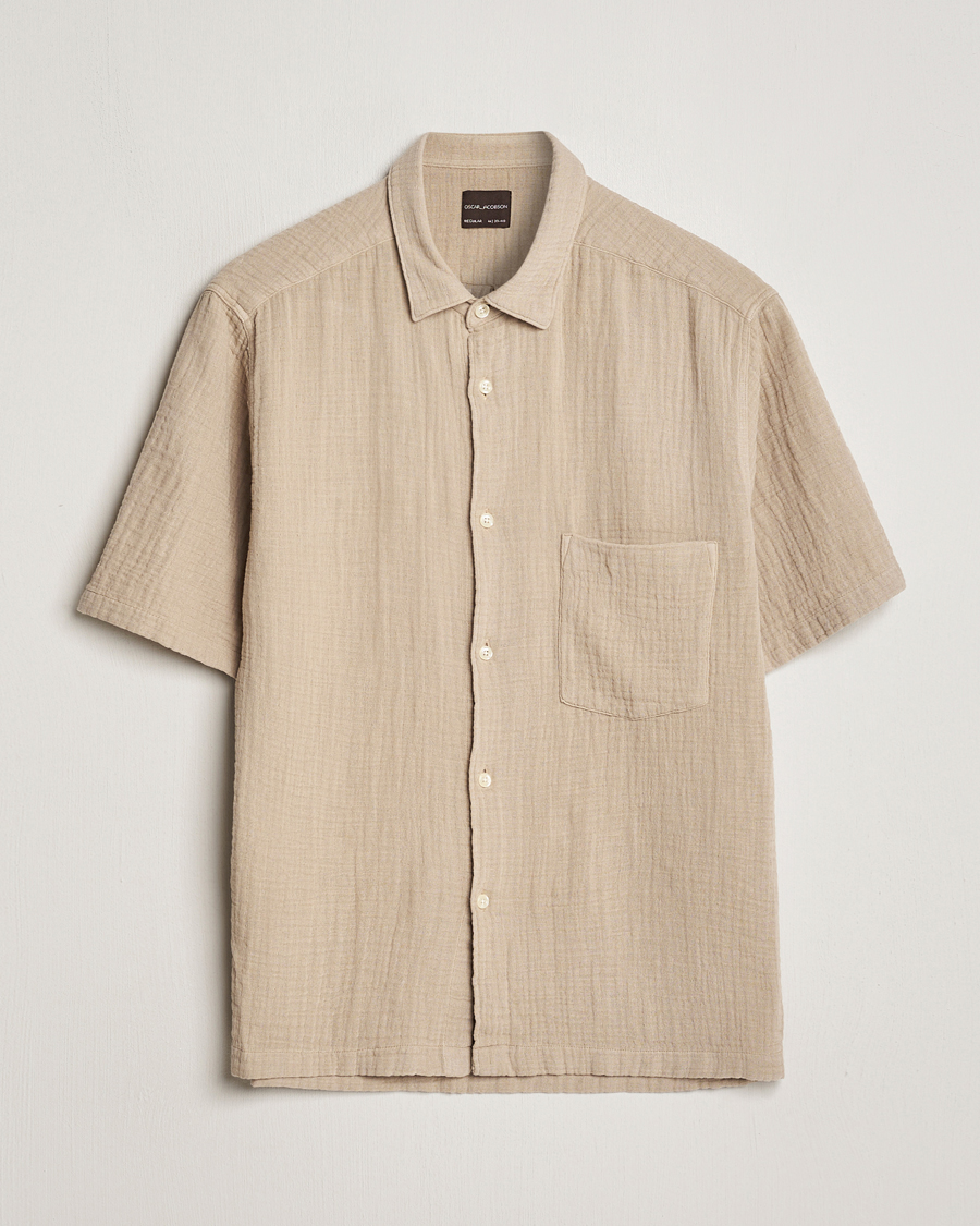 Homme | Chemises | Oscar Jacobson | Short Sleeve City Crepe Cotton Shirt Beige