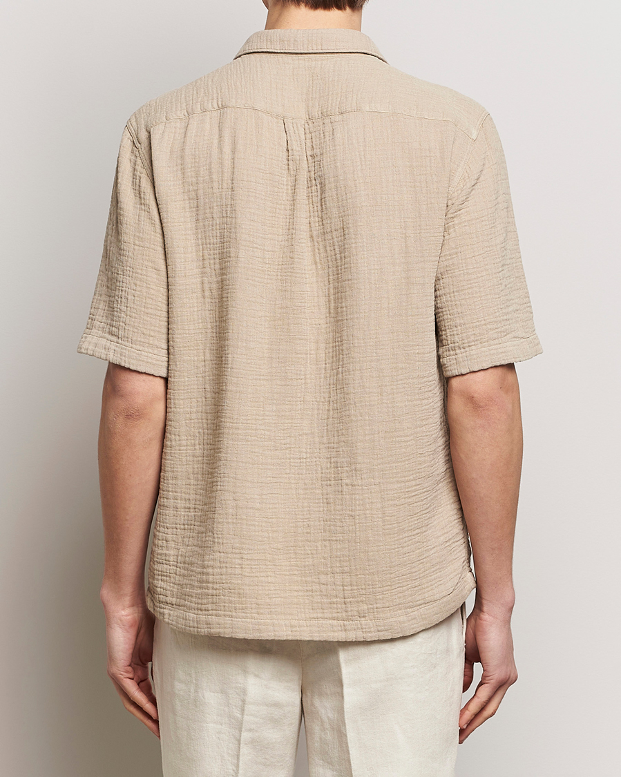Homme | Chemises | Oscar Jacobson | Short Sleeve City Crepe Cotton Shirt Beige