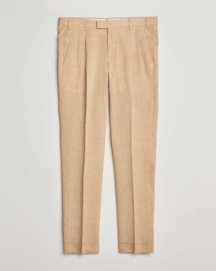Homme | Pantalons | PT01 | Slim Fit Pleated Linen Trousers Light Beige
