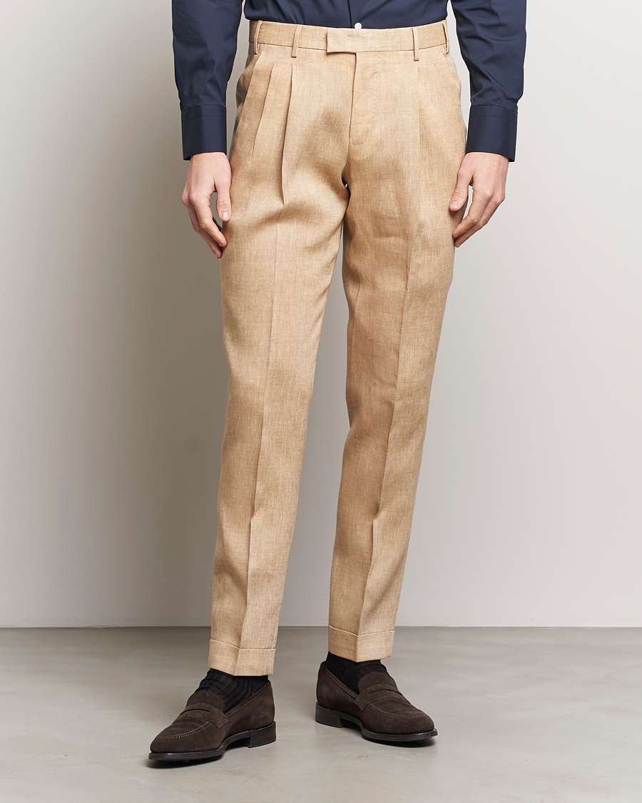 Homme |  | PT01 | Slim Fit Pleated Linen Trousers Light Beige