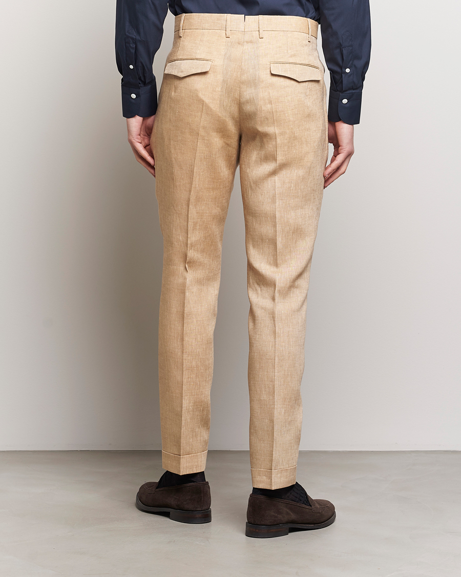 Homme | Pantalons | PT01 | Slim Fit Pleated Linen Trousers Light Beige