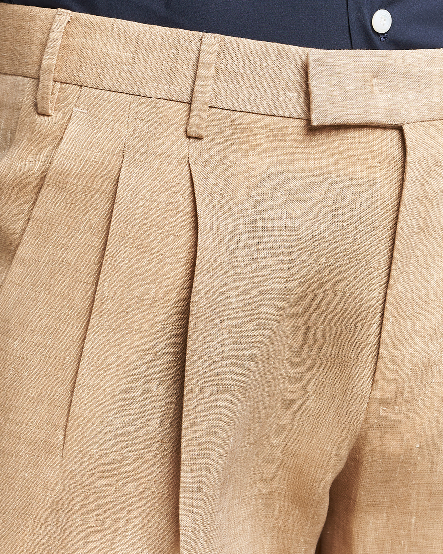Homme | Pantalons | PT01 | Slim Fit Pleated Linen Trousers Light Beige