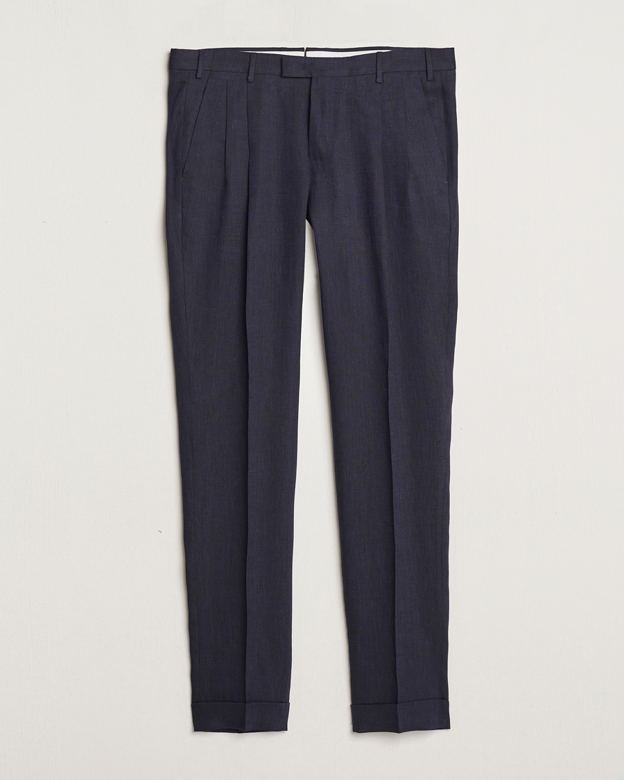 Homme | Pantalons | PT01 | Slim Fit Pleated Linen Trousers Navy