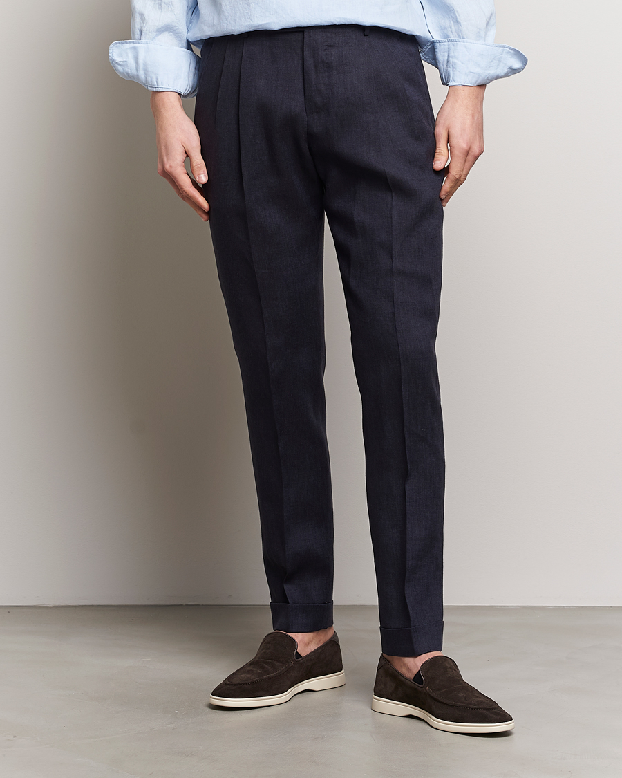 Homme | Pantalons En Lin | PT01 | Slim Fit Pleated Linen Trousers Navy