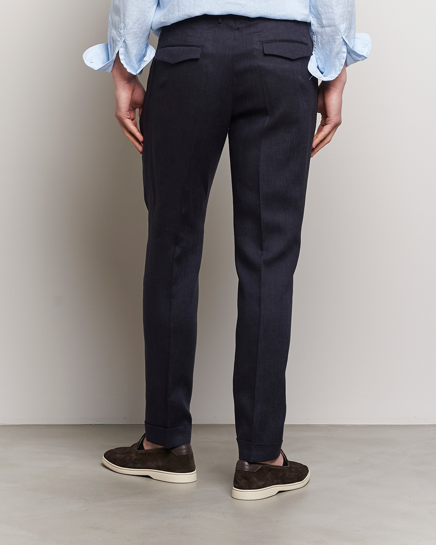 Homme | Pantalons | PT01 | Slim Fit Pleated Linen Trousers Navy