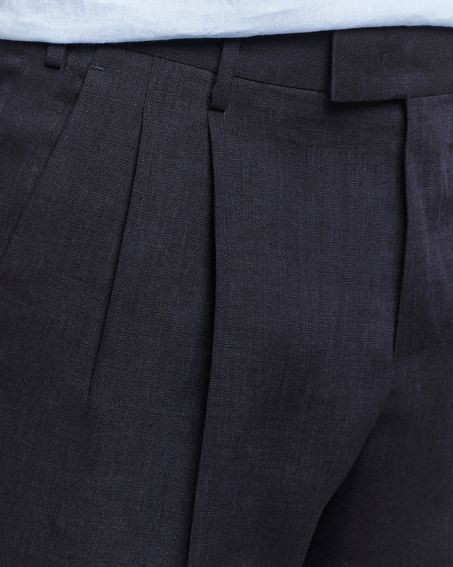 Homme | Pantalons | PT01 | Slim Fit Pleated Linen Trousers Navy