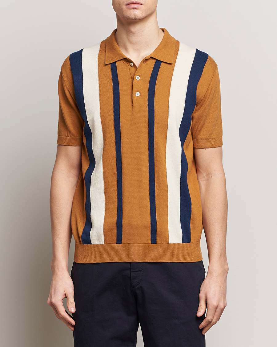 Homme | Preppy Authentic | Baracuta | Stripe Knitted Short Sleeve Polo Pumpkin Spice