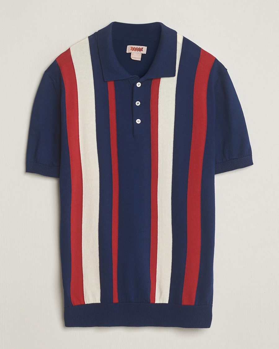 Homme | Polos | Baracuta | Stripe Knitted Short Sleeve Polo Navy