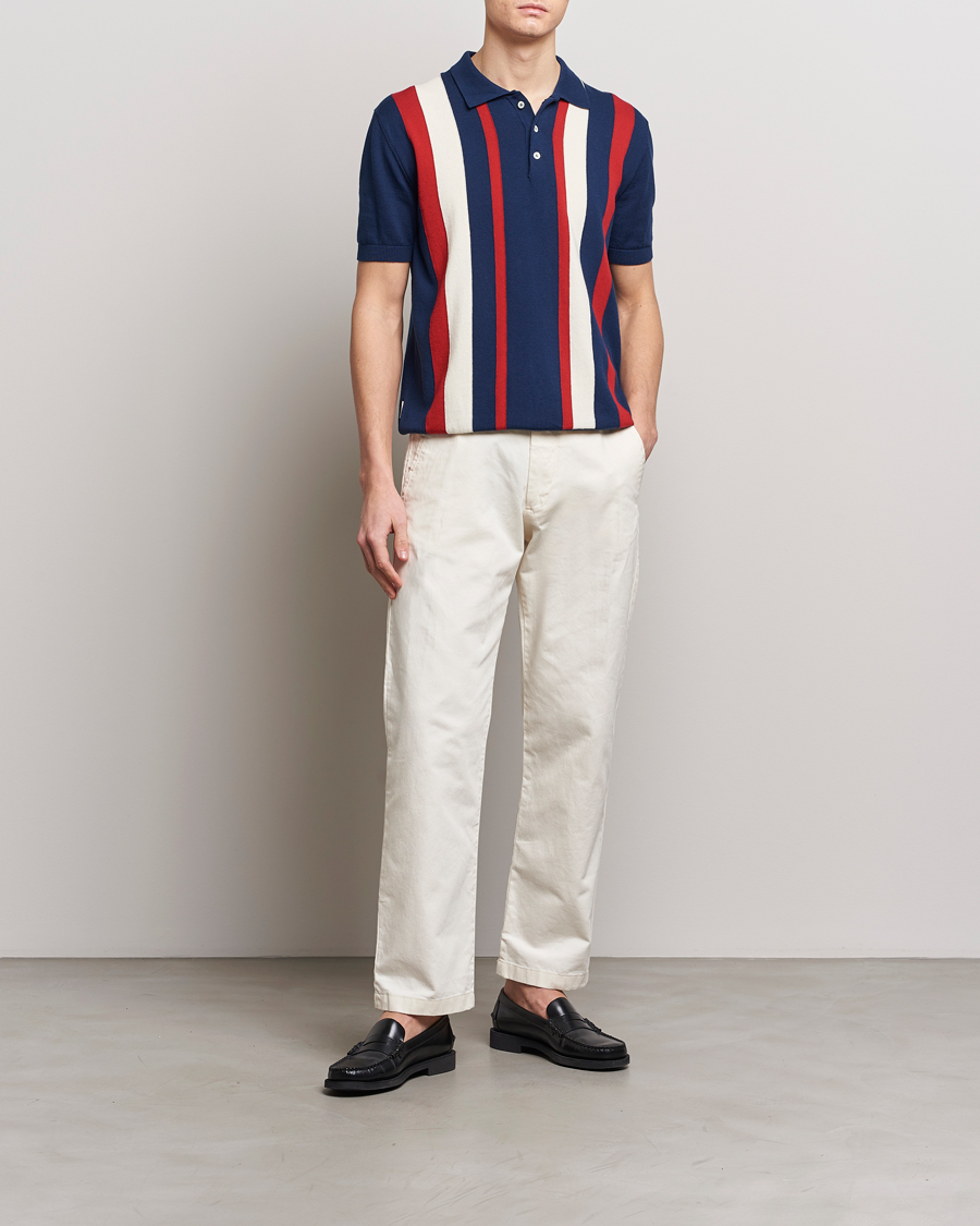 Homme | Polos | Baracuta | Stripe Knitted Short Sleeve Polo Navy