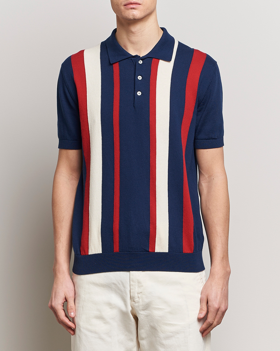 Homme | Polos | Baracuta | Stripe Knitted Short Sleeve Polo Navy