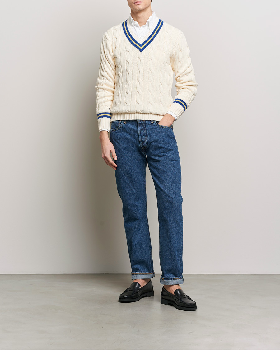 Homme | Pulls Et Tricots | Polo Ralph Lauren | Cricket Cotton V-Neck Sweater Cream/Navy Stripe