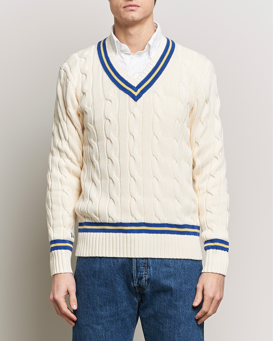 Homme | Pulls Tricotés | Polo Ralph Lauren | Cricket Cotton V-Neck Sweater Cream/Navy Stripe