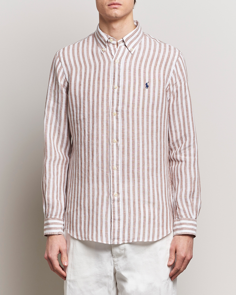 Homme | Chemises En Lin | Polo Ralph Lauren | Custom Fit Striped Linen Shirt Khaki/White