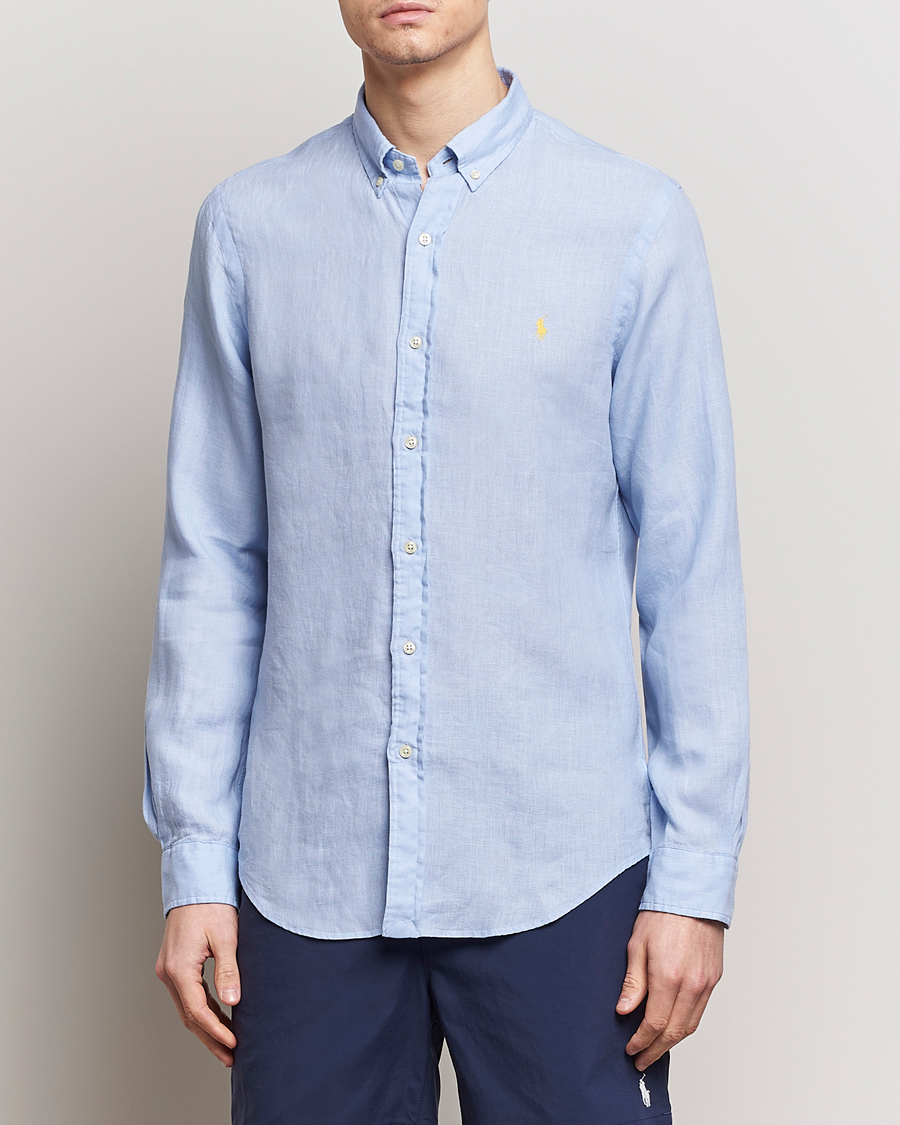 Herr | Linneavdelningen | Polo Ralph Lauren | Slim Fit Linen Button Down Shirt Blue Hyacinth