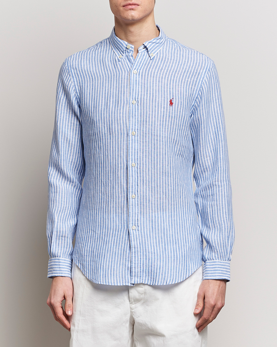 Homme |  | Polo Ralph Lauren | Slim Fit Striped Button Down Linen Shirt Blue/White