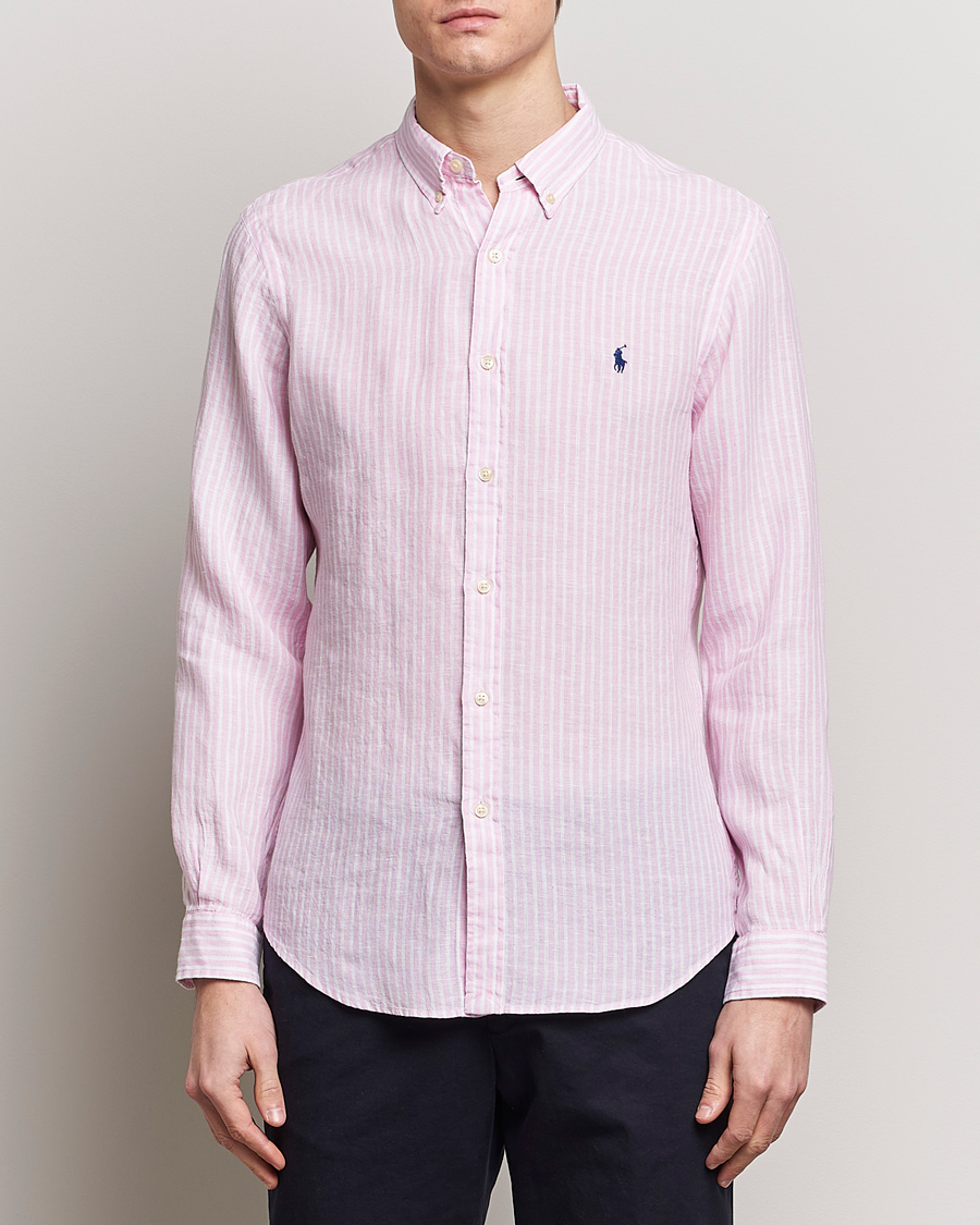 Homme |  | Polo Ralph Lauren | Slim Fit Striped Button Down Linen Shirt Pink/White