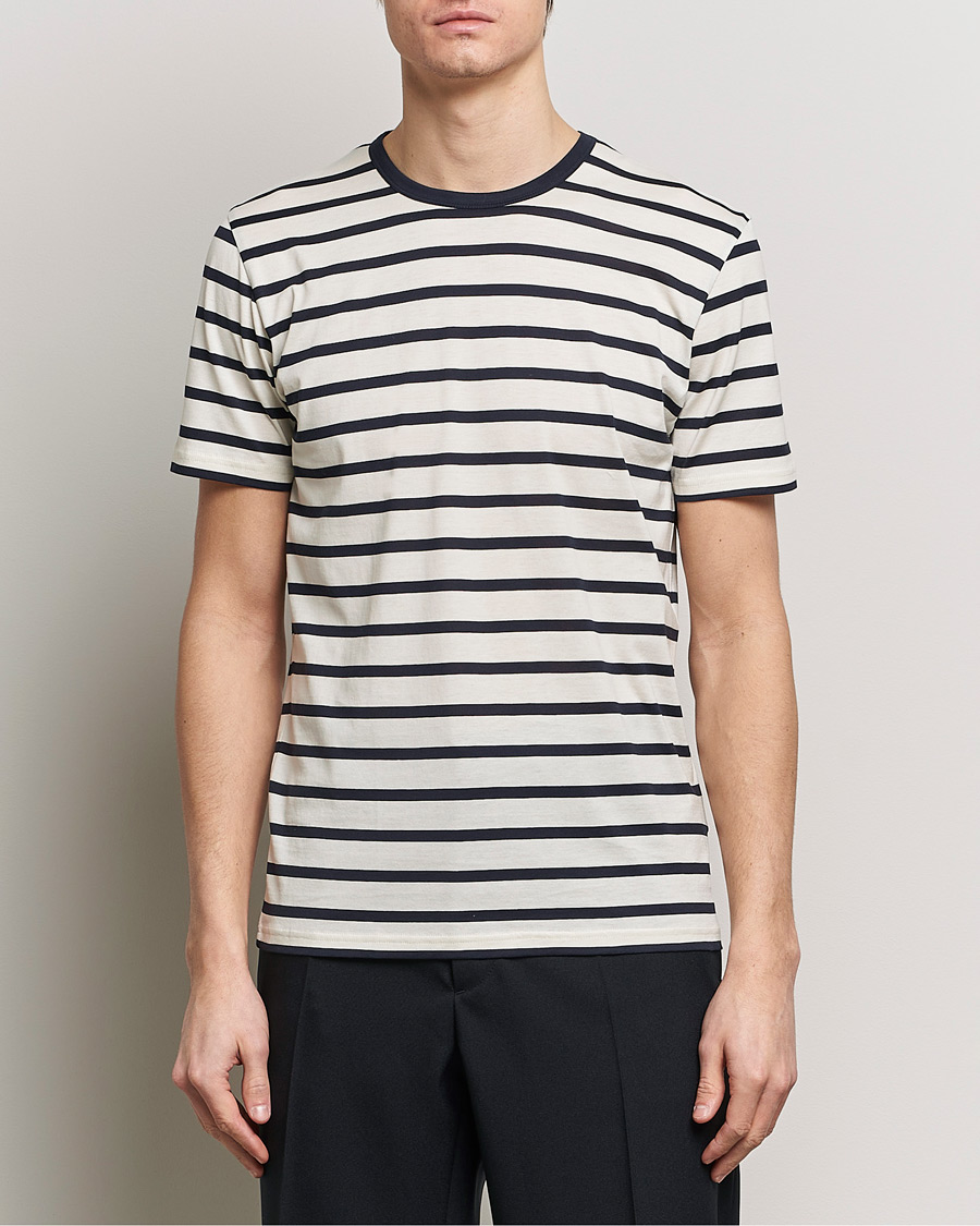 Homme | T-shirts | Sunspel | Striped Crew Neck Cotton Tee Ecru/Navy