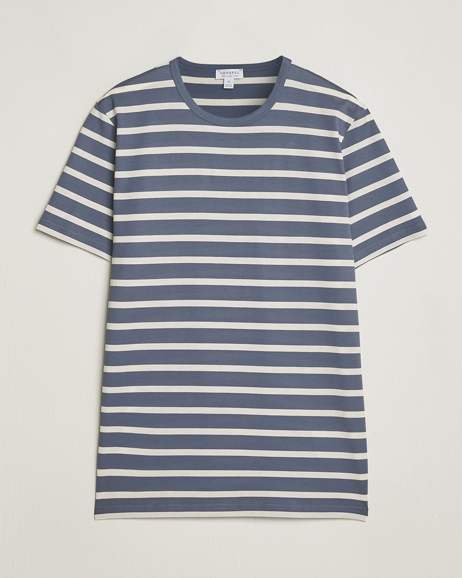 Homme | T-shirts | Sunspel | Striped Crew Neck Cotton Tee Slate Blue