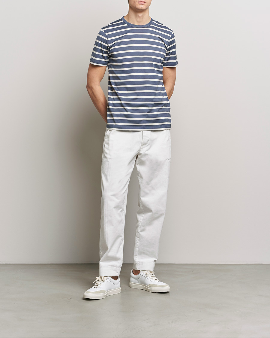 Homme | T-shirts | Sunspel | Striped Crew Neck Cotton Tee Slate Blue