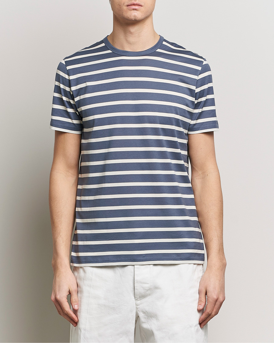 Homme | T-shirts | Sunspel | Striped Crew Neck Cotton Tee Slate Blue