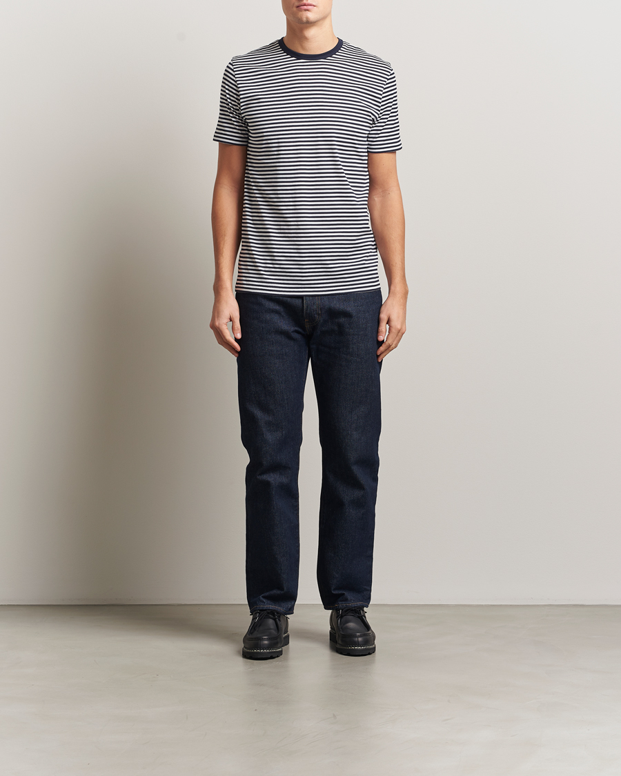 Homme | T-shirts | Sunspel | Striped Crew Neck Q82 Cotton T-Shirt White/Navy