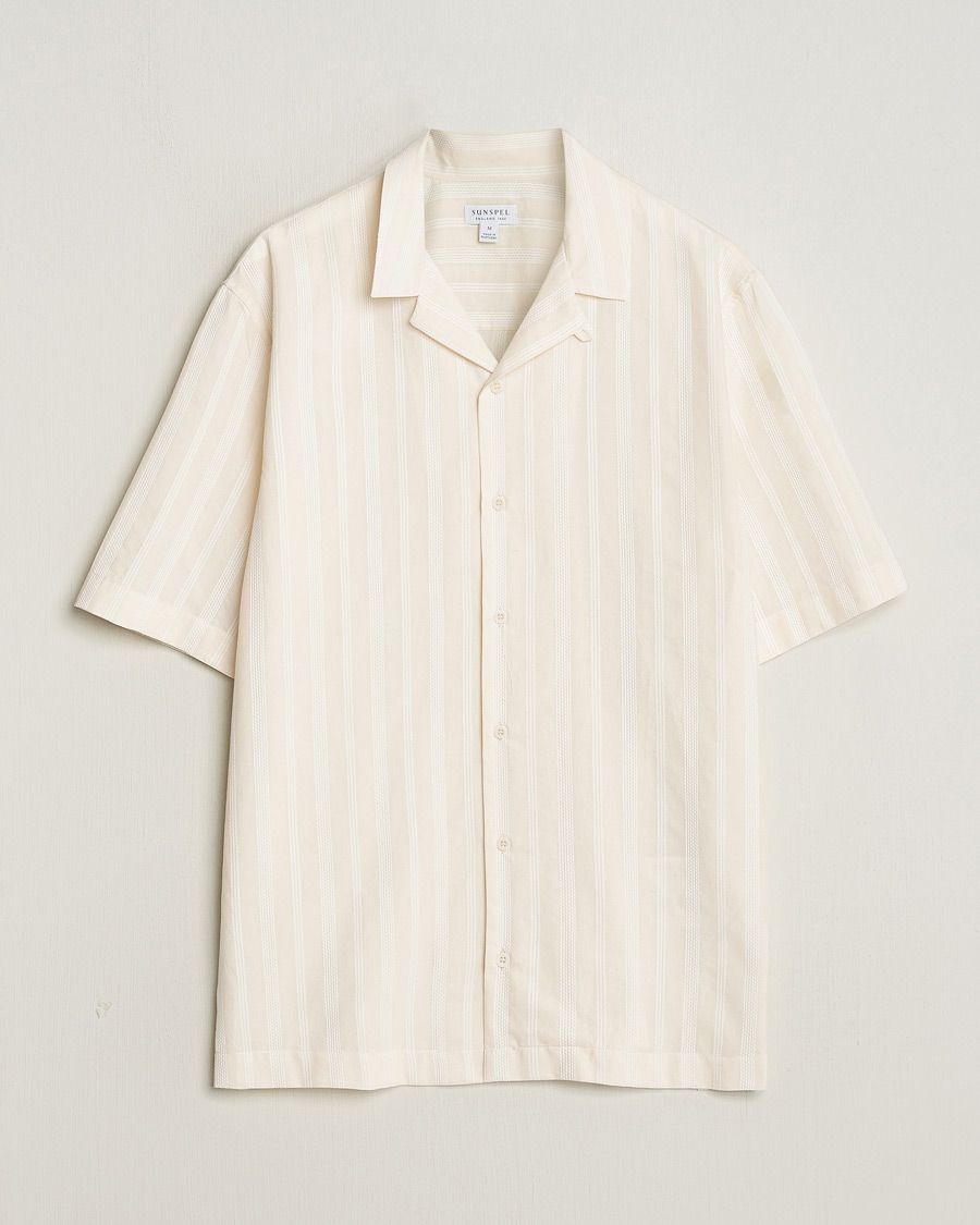 Homme | Chemises | Sunspel | Embroidered Striped Short Sleeve Shirt Ecru