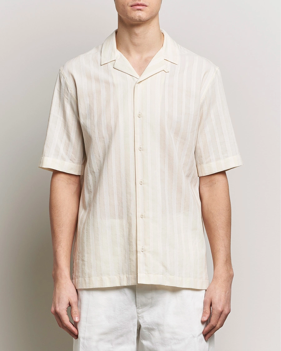 Men |  | Sunspel | Embroidered Striped Short Sleeve Shirt Ecru