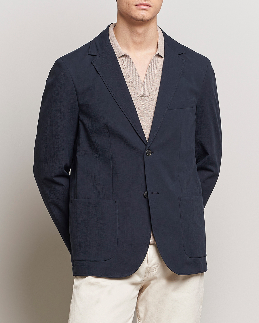 Homme | Blazers | Sunspel | Unconstructed Seersucker Blazer Navy