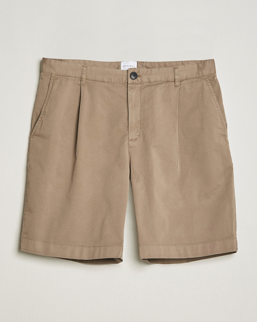 Homme | Shorts | Sunspel | Pleated Stretch Cotton Twill Shorts Dark Stone