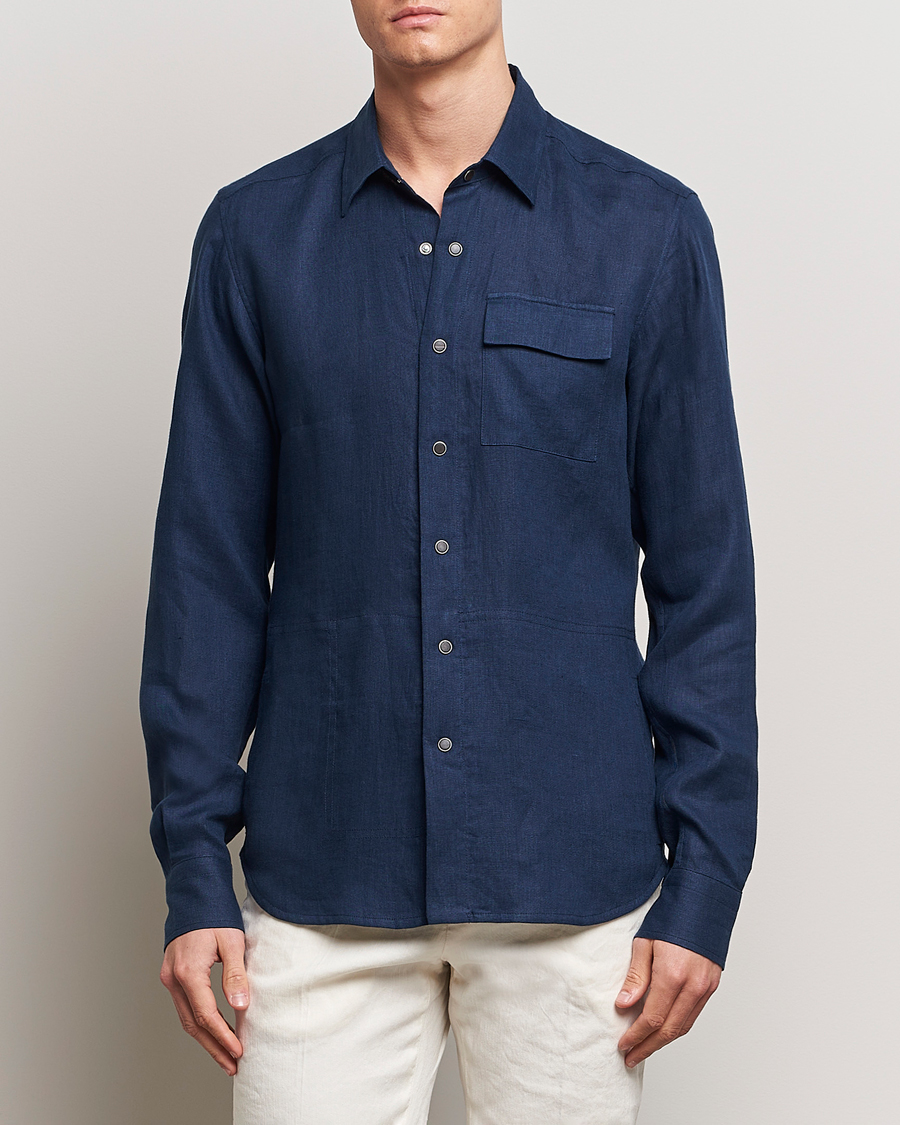 Homme | Chemises | Kiton | Pure Linen Overshirt Dark Blue