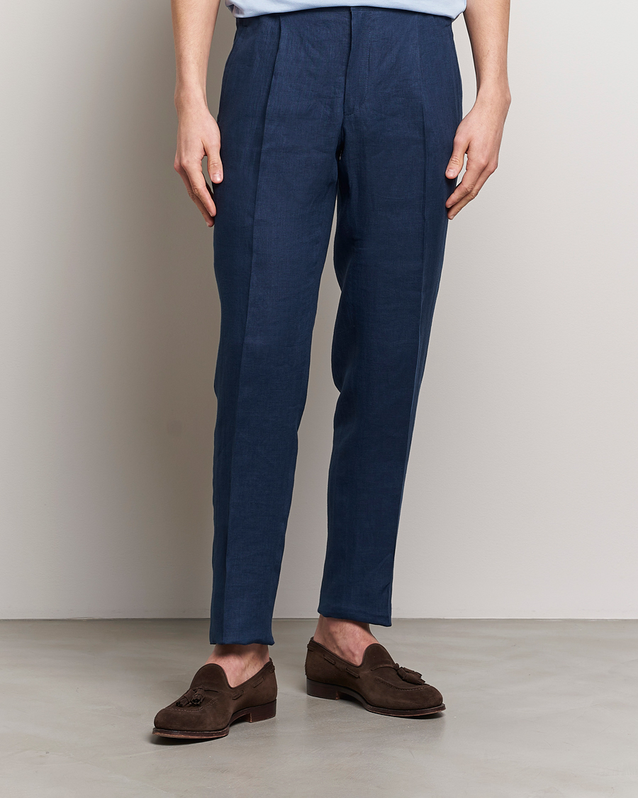 Homme | Pantalons | Kiton | Pure Linen Drawstring Trousers Dark Blue