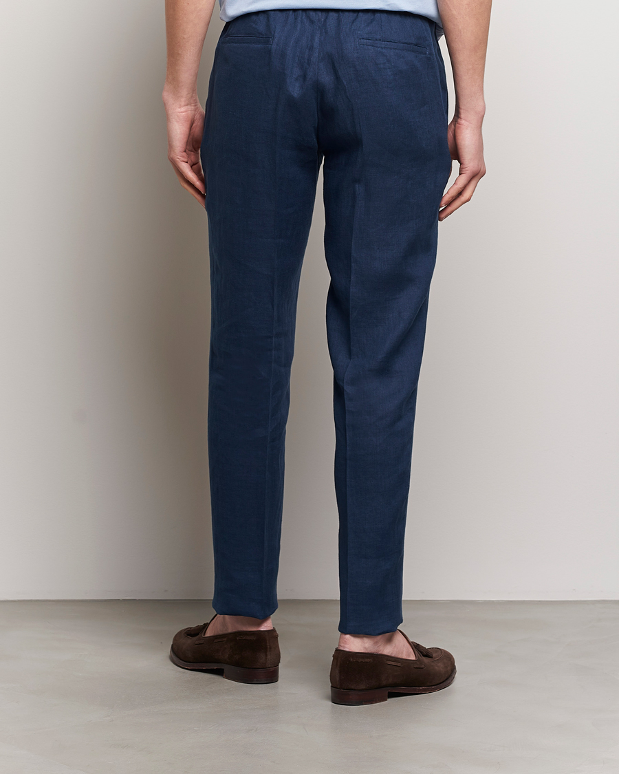 Homme | Pantalons | Kiton | Pure Linen Drawstring Trousers Dark Blue