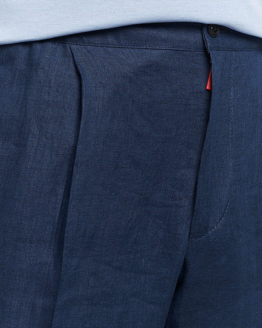Homme | Pantalons | Kiton | Pure Linen Drawstring Trousers Dark Blue