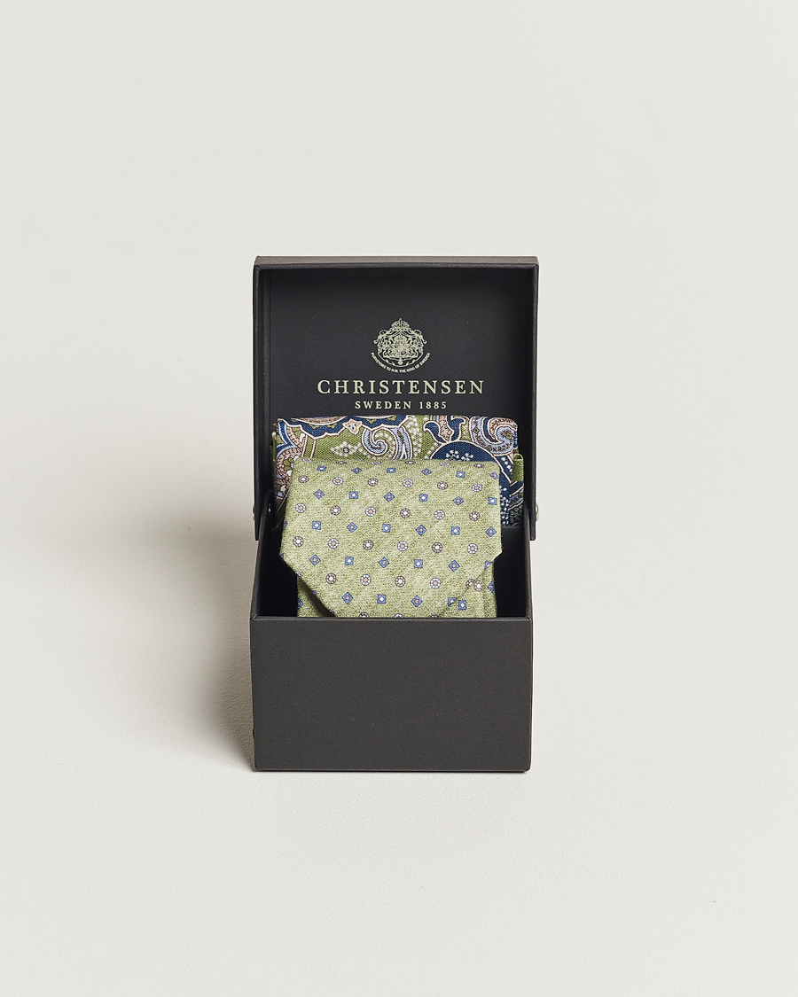 Homme | Amanda Christensen Box Set Printed Linen 8cm Tie With Pocket Square Green | Amanda Christensen | Box Set Printed Linen 8cm Tie With Pocket Square Green
