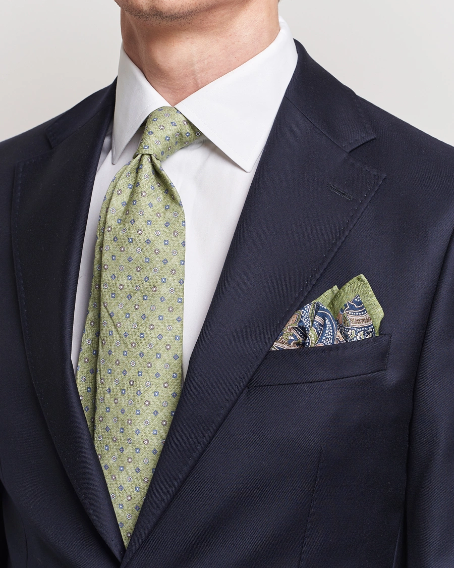 Homme | Business & Beyond | Amanda Christensen | Box Set Printed Linen 8cm Tie With Pocket Square Green