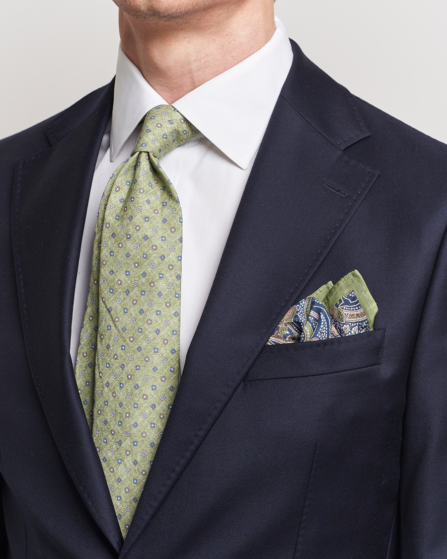 Homme | Amanda Christensen Box Set Printed Linen 8cm Tie With Pocket Square Green | Amanda Christensen | Box Set Printed Linen 8cm Tie With Pocket Square Green