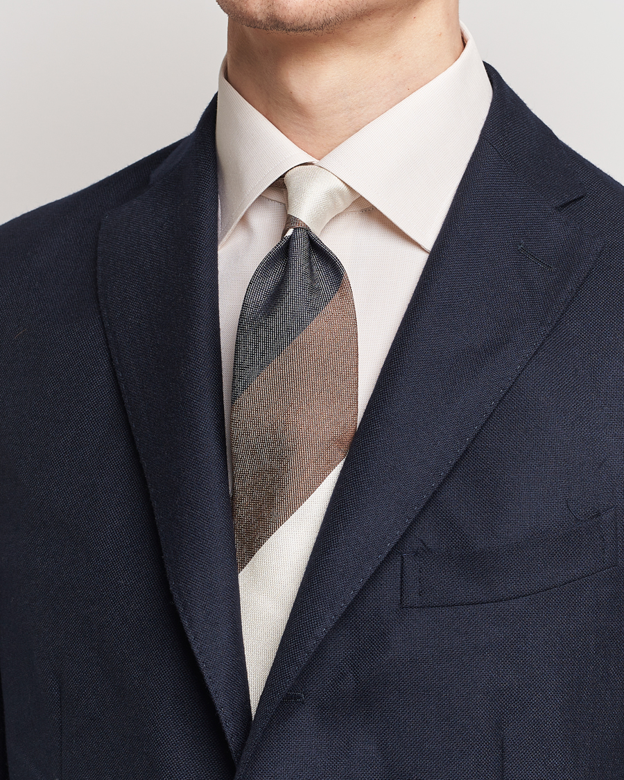 Homme |  | Amanda Christensen | Silk Bouclé Block Striped 8cm Tie White/Blue/Brown