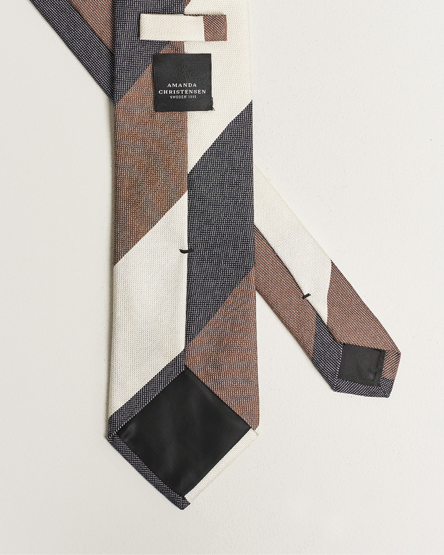 Homme | Amanda Christensen Silk Bouclé Block Striped 8cm Tie White/Blue/Brown | Amanda Christensen | Silk Bouclé Block Striped 8cm Tie White/Blue/Brown